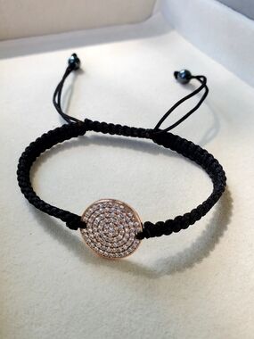 Adjustable Black Macrame Bracelet with Rose Gold Pave Disc